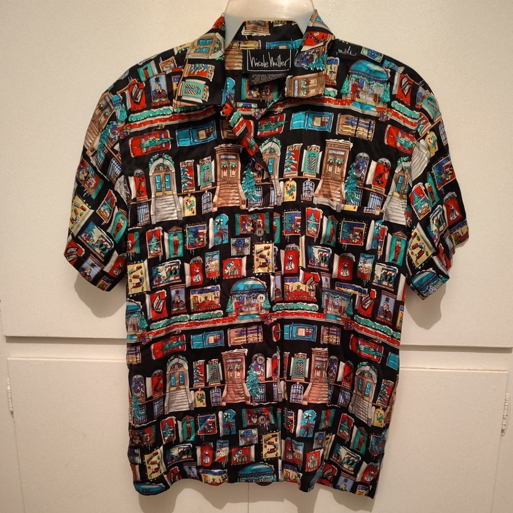 Vintage Nicole Miller Limited Christmas Print Silk Button Down Shirt Size S